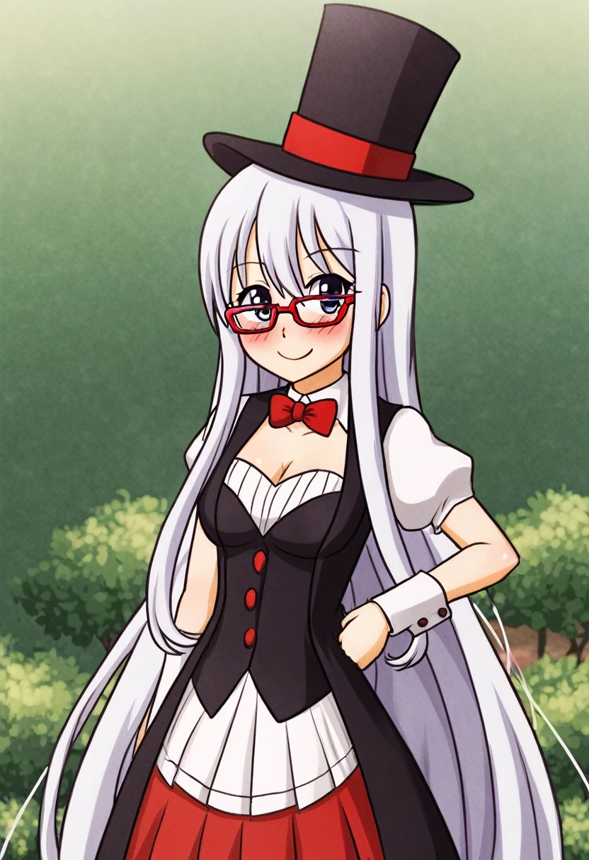 young woman, magician, 21 years old, Very long white hair, red glasses, синий наряд magicianа, smile, blush.