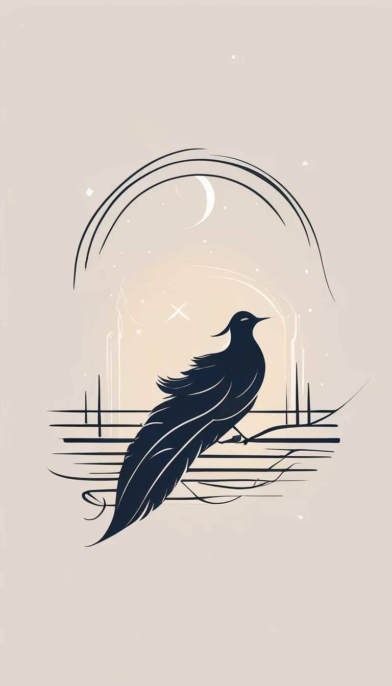 Create a poetic, unique symbol for a film production company based on stories and music. The logo should be a Boy Guitarist, A Storyteller Fantasy Bird and a Dreamy Feather. Minimalist symbol design