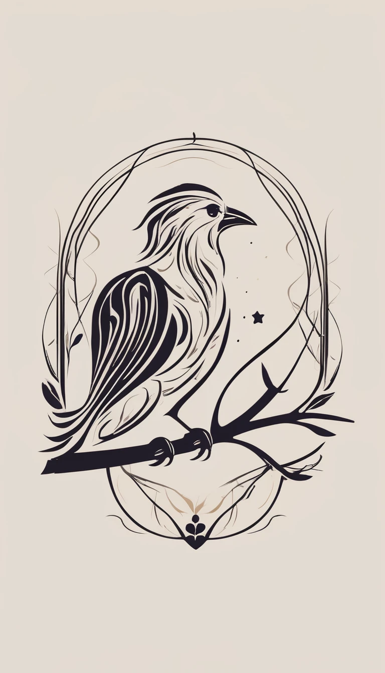 Create a poetic, unique symbol for a film production company based on stories and music. The logo should be a Boy Guitarist, A Storyteller Fantasy Bird and a Dreamy Feather. Minimalist symbol design