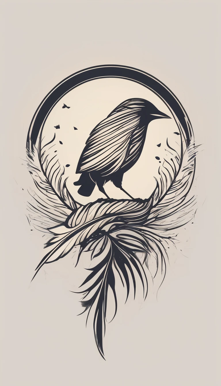 Create a poetic, unique symbol for a film production company based on stories and music. The logo should be  a Boy Guitarist, A Storyteller Fantasy Bird and a Dreamy Feather. Minimalist symbol design