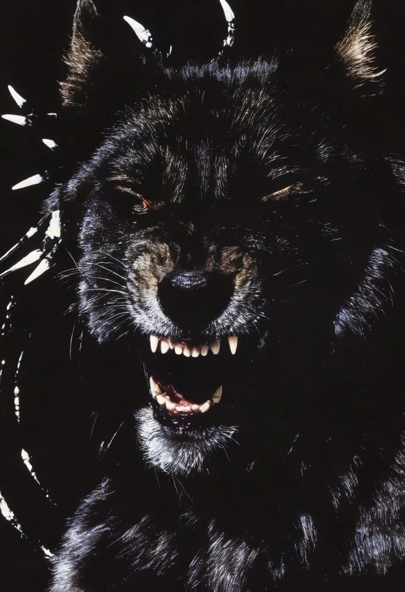 a cat with a giant fangs on its head is shown in the dark with a black background