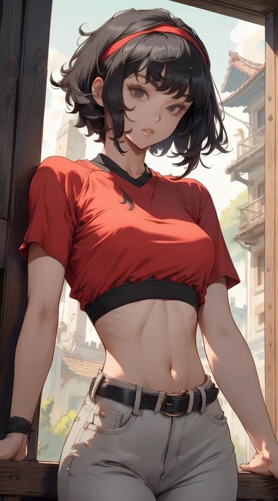 ,pan,1girl, solo, black eyes, bangs, black hair, short hair, bandana, red shirt, crop top, midriff, belt, gray pants, ,1girl, seductive, delicate,