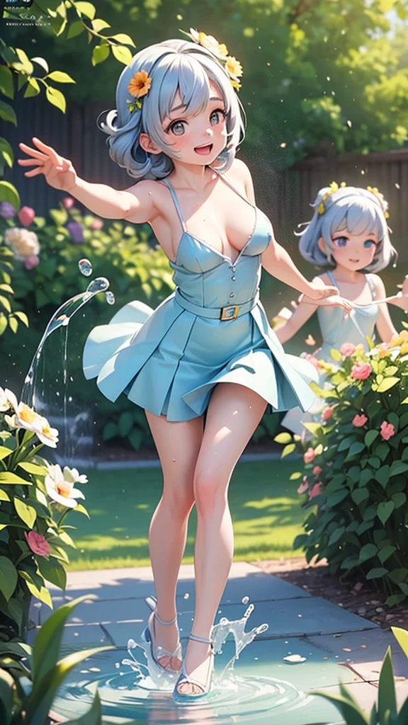 (masterpiece, Best quality), (Real Photos, complex parts), (noon, Sun, Sunny) in the home garden, (3 sisters, age from 10 to 13 years:1.8), ( Beautiful face, There are no breasts:1.8), , thin body,  Hairstyles are different, hair colors are different, iris colors are different, full length,  dressed in short skirts of different colors, Having fun, pour water on each other, laugh, frolic, Clothes are all wet, Splashing water, dynamic poses, smiling, playful and slightly lustful look, 