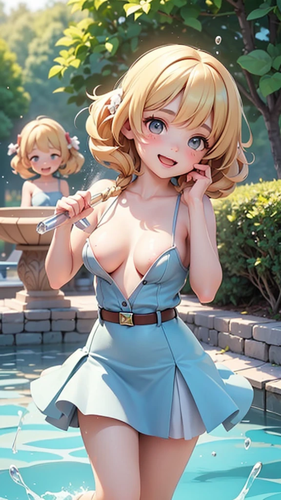 (masterpiece, Best quality), (Real Photos, complex parts), (noon, Sun, Sunny) in the home garden, (3 sisters, age from 10 to 13 years:1.8), ( Beautiful face, There are no breasts:1.8), , thin body, Hairstyles are different, hair colors are different, iris colors are different, full length, dressed in short skirts of different colors, Having fun, pour water on each other, laugh, frolic, Clothes are all wet, Splashing water, dynamic poses, smiling, playful and slightly lustful look,