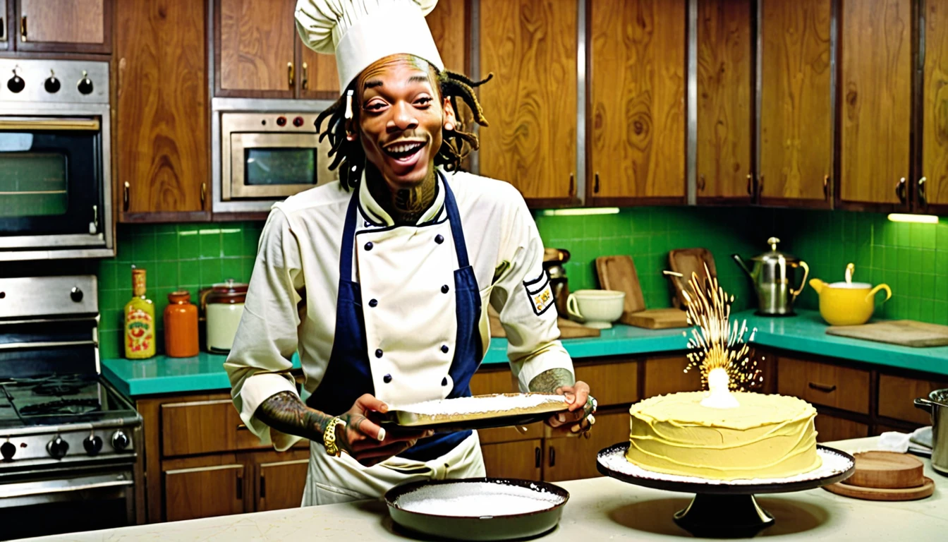 1970s photo of "Wiz Khalifa" wearing 1970s chef attire, he is baking marijuana cake in the kitchen, excited expression,
