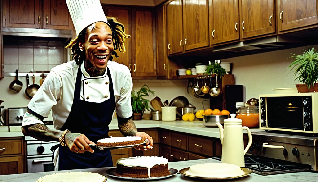 1970s photo of "Wiz Khalifa" wearing 1970s chef attire, he is baking marijuana cake in the kitchen, excited expression,