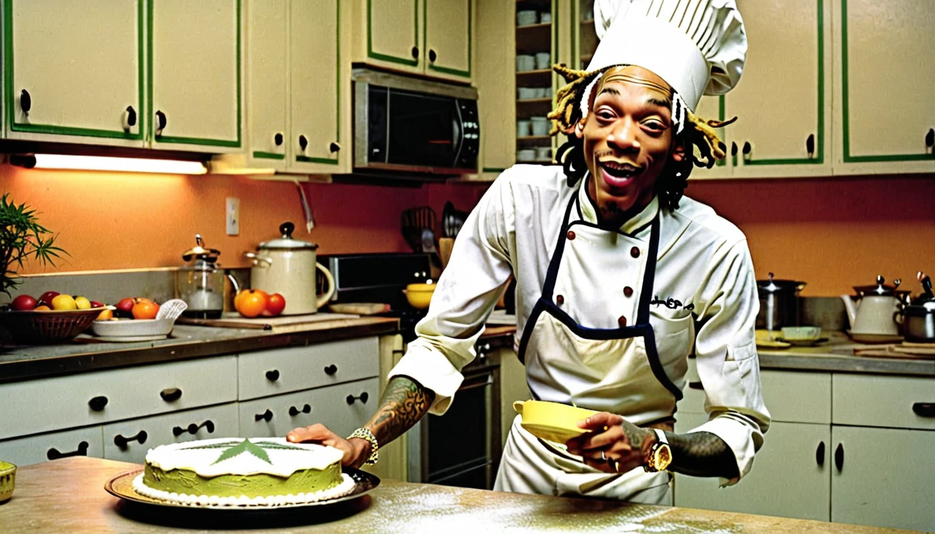 1970s photo of "Wiz Khalifa" wearing 1970s chef attire, he is baking marijuana cake in the kitchen, excited expression,