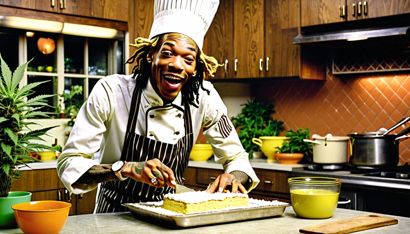1970s photo of "Wiz Khalifa" wearing 1970s chef attire, he is baking marijuana cake in the kitchen, excited expression,