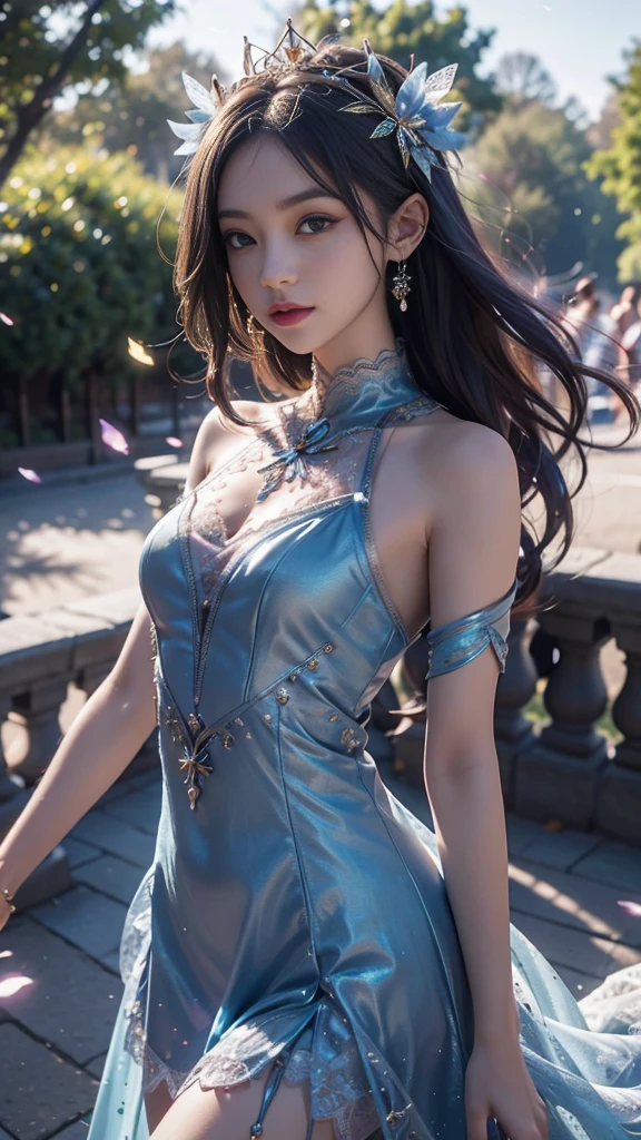 8K, UHD, MAsterpiece, best quality, 1 girl, (realistic face), happy pace, very long hair, small breasts, decorated dress, very beautiful ornaments dress, blue color, ((lace)), mesh dress, sardine, loops, in the park, depth of field, cinematic lighting, chromatic aberration, motion blur, glowing light, god rays, ray tracing, reflection light, backlighting, knee short,