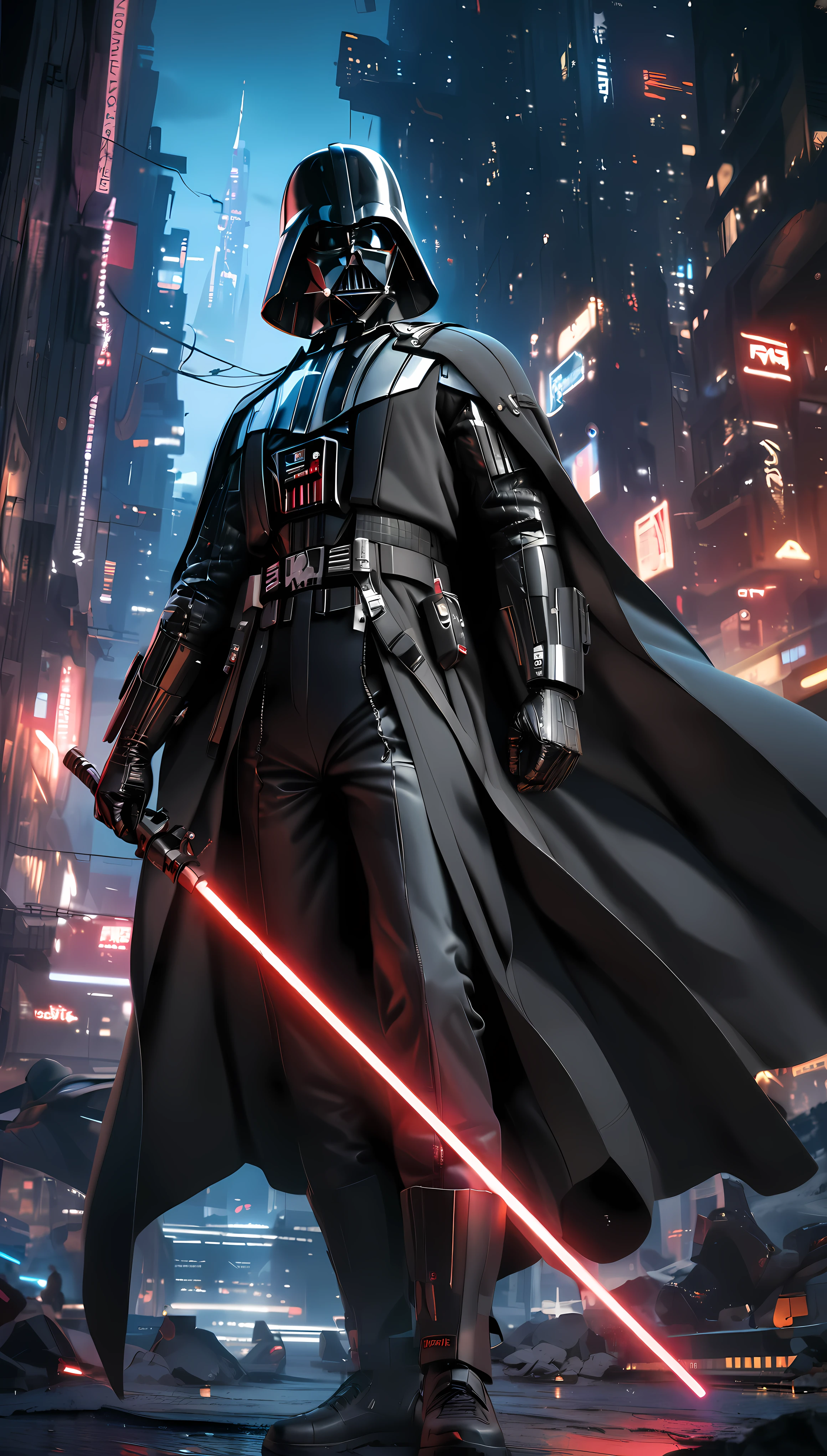 1boy,darth vader ,solo, Cyberpunk Style, (neon:1.2),masterpiece, intricate, highly detailed, majestic, digital photography, hdr, detailed cyberpunk background,bold eclectic styles, punk elements , holographic prints, metallic accents, man in Black_outfit,hood, hood_up, darth vader helmet,(cape:1.2),armor, shoulder armor, (denim:1.2), star wars, (night time),futuristic city,city street with neon signs and buildings on both sides of it at night time, holding  red light saber, broken arm, ,(photo, studio lighting, hard light, sony a7, 50 mm, matte skin, pores, colors, hyperdetailed, hyperrealistic),