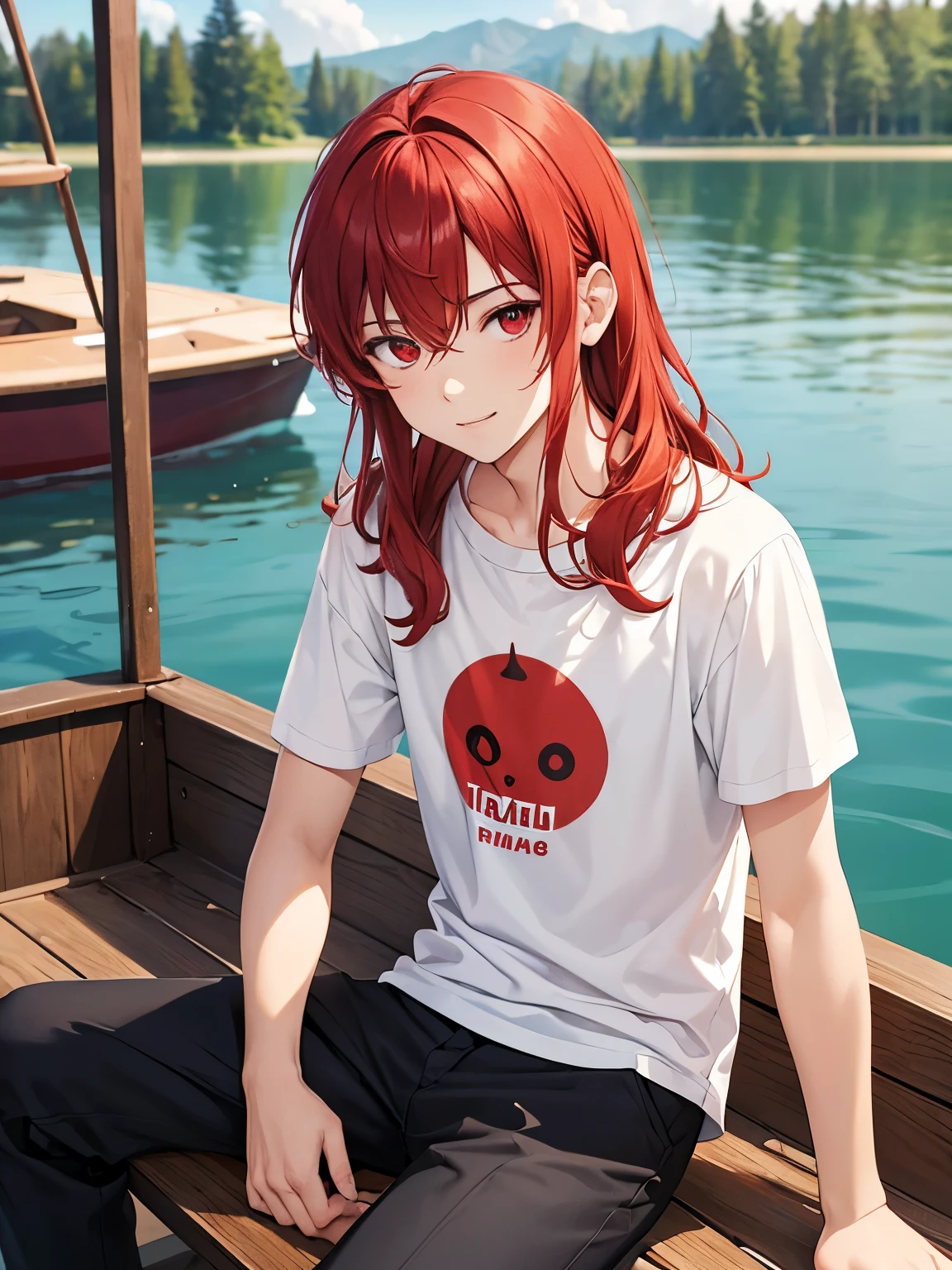 1boy,18 years old,Sitting in a wooden boat, on a lake,cool,slight smile,middle parted hairstyle,Standing facing backwards,talking,Curly hair, red hair, red eyes, long hair, vampire, handsome,,close up photo,White t-shirt,Short sleeve t-shirt,,black trousers