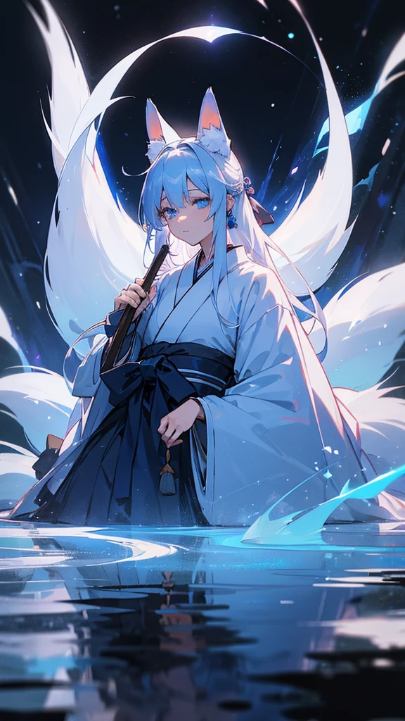A fantastical scene featuring a character with silver hair and blue eyes. The character is wearing a traditional Japanese hakama and has fox ears and nine fox tails. A blue aura surrounds them, adding an ethereal glow to their presence. The scene is set on a moonlit night with gentle snowfall, creating a serene and magical atmosphere. The moonlight reflects off the snow, adding a shimmering effect to the entire scene.