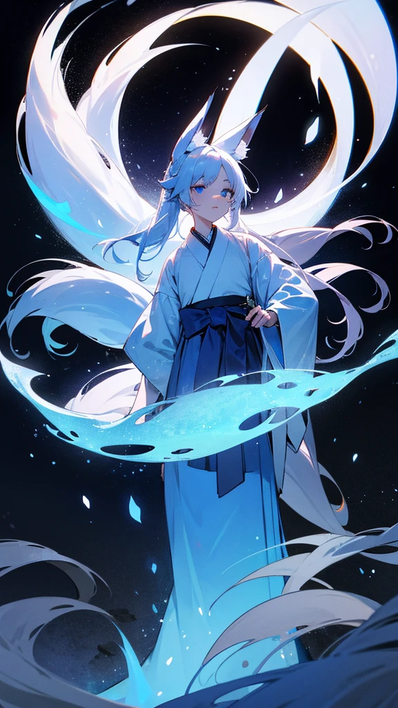 A fantastical scene featuring a character with silver hair and blue eyes. The character is wearing a traditional Japanese hakama and has fox ears and nine fox tails. A blue aura surrounds them, adding an ethereal glow to their presence. The scene is set on a moonlit night with gentle snowfall, creating a serene and magical atmosphere. The moonlight reflects off the snow, adding a shimmering effect to the entire scene.