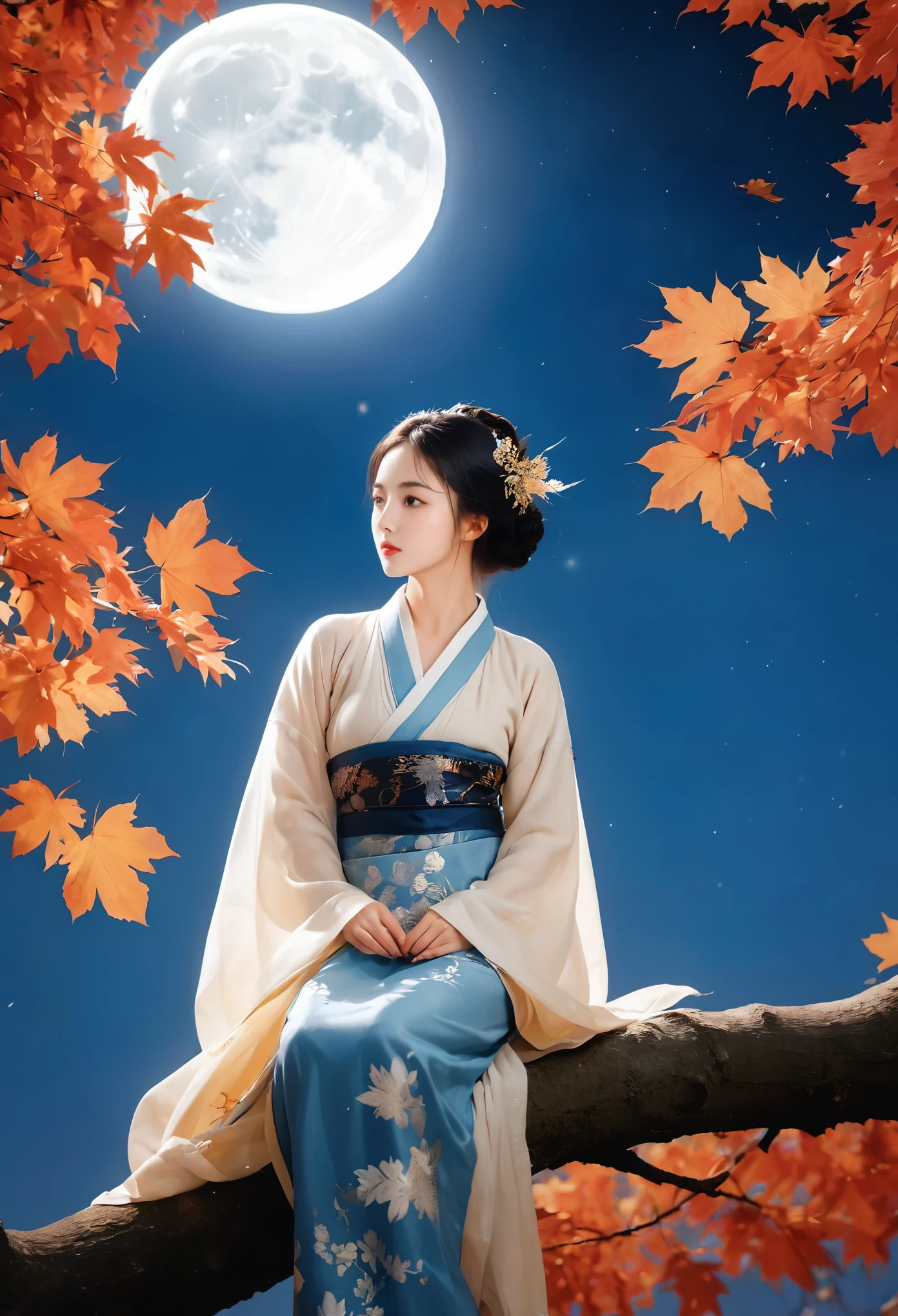 (masterpiece, best quality:1.2), full moon,A huge moon,moonlight,1girl,Girl's posture,autumn,autumn leaves,black hair,branch,breasts,falling leaves,in tree,Sitting on the trunk of a tree,Close range,Diagonal body,full body,Blue Hanfu,night,leaf,lips,long sleeves,looking at viewer,maple leaf,outdoors,sitting in tree,solo,tree,water
