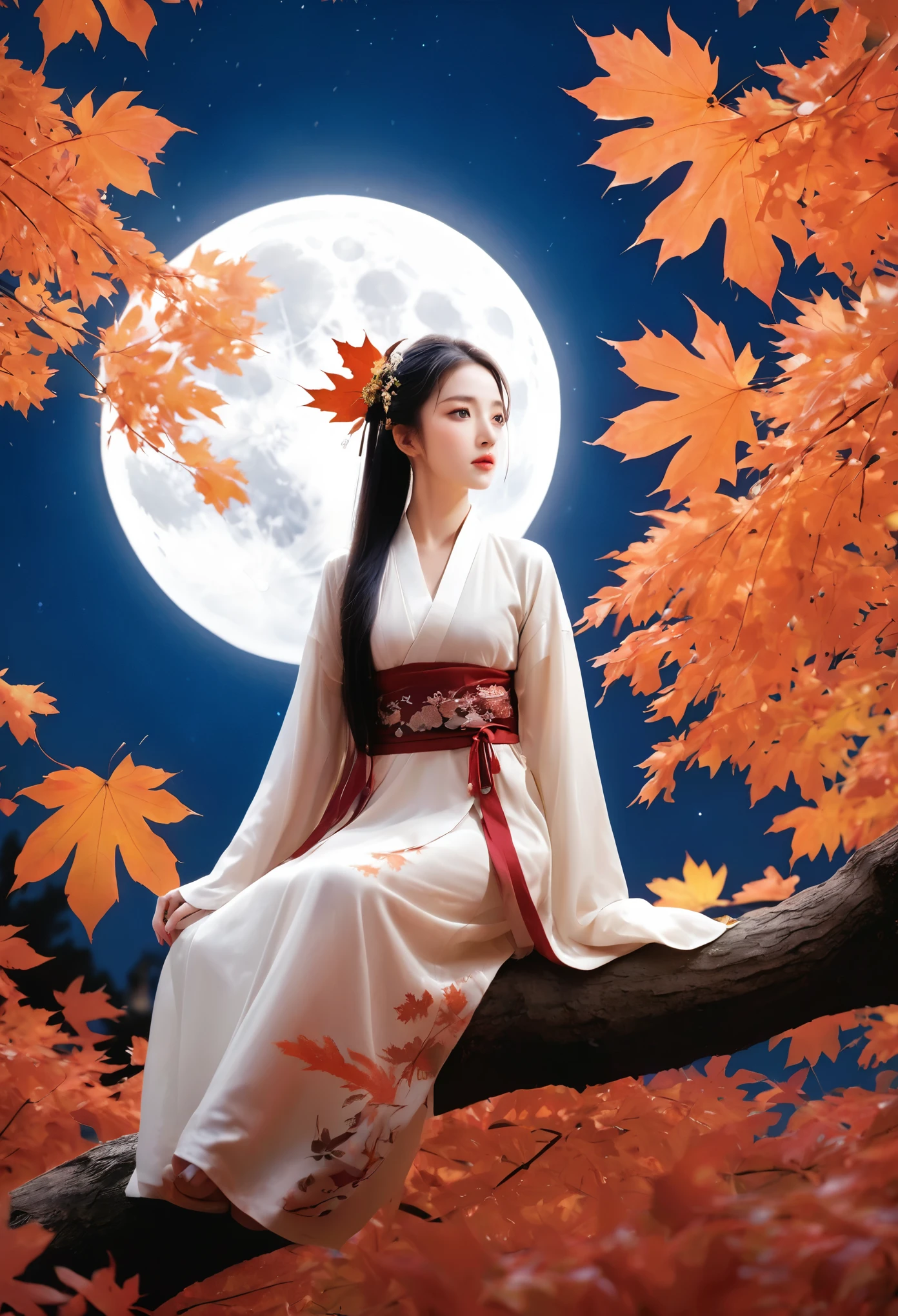 (masterpiece, best quality:1.2), full moon,A huge moon,moonlight,1girl,Girl's posture,autumn,autumn leaves,black hair,branch,breasts,falling leaves,in tree,Sitting on the trunk of a tree,Close range,Diagonal body,full body,Blue Hanfu,night,leaf,lips,long sleeves,looking at viewer,maple leaf,outdoors,sitting in tree,solo,tree,water
