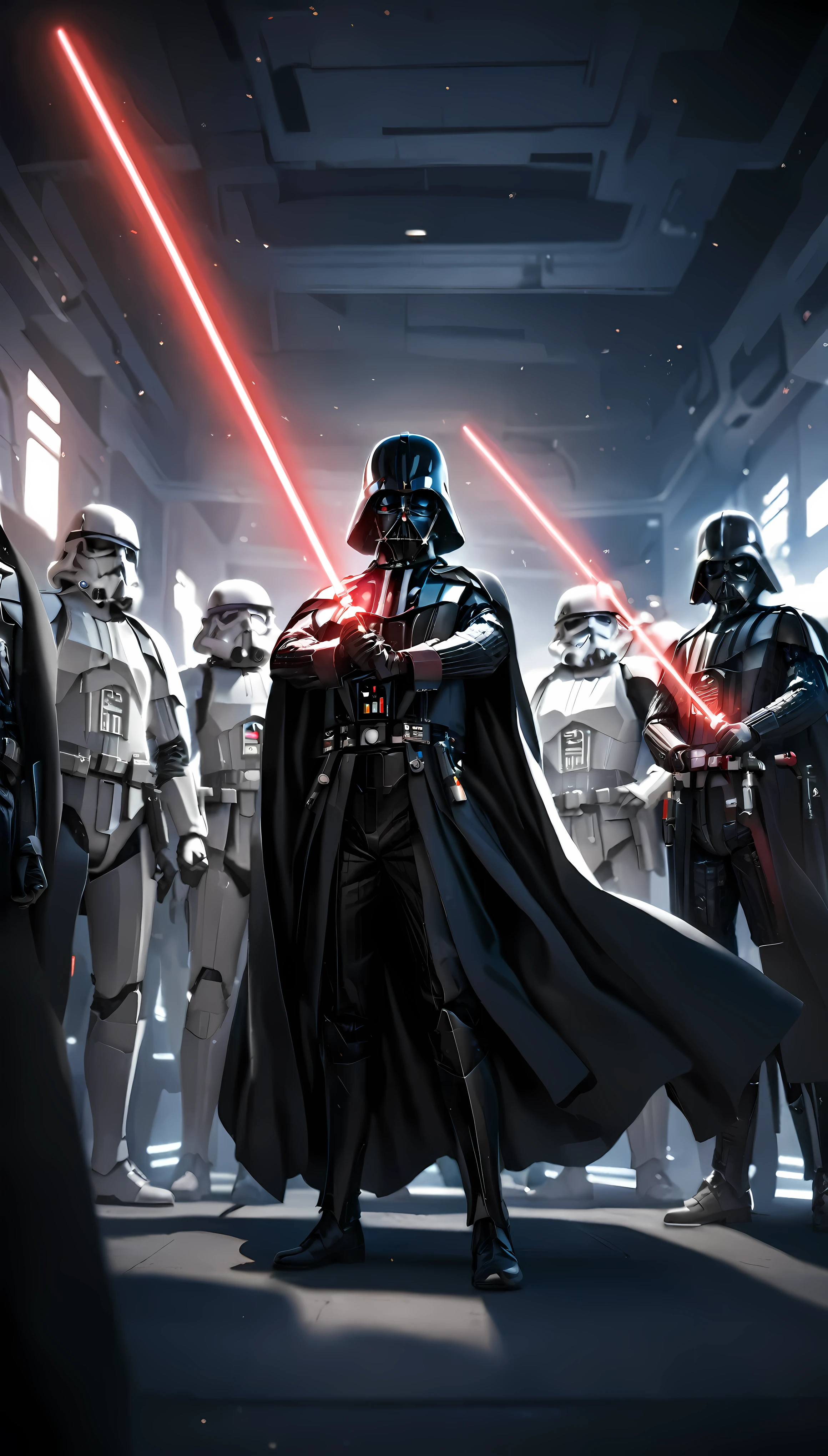 darth vader standing in front of a group of storm troopers in a room,
holding lightsabe in his hands, walking across a bunch of stormtroopers behind him,
Black_outfit,hood, hood_up, boots, darth vader helmet,cape,armor, shoulder armor, armored boots,  
glowing_sword, glowing_weapon,holding_sword, holding_weapon, hood, laser, lightsaber,holding a lightsaber,energy_sword, glowing, glowing_weapon,darth vader,
1 Man, looking at viewer,(closed mouth:1.0),
NSFW,official art,extremely detailed CG unity 8k wallpaper, perfect lighting,Colorful, Bright_Front_face_Lighting,
(masterpiece:1.0),(best_quality:1.0), ultra high res,4K,ultra-detailed,
photography, 8K, HDR, highres, absurdres:1.2, Kodak portra 400, film grain, blurry background, bokeh:1.2, lens flare, (vibrant_color:1.2)