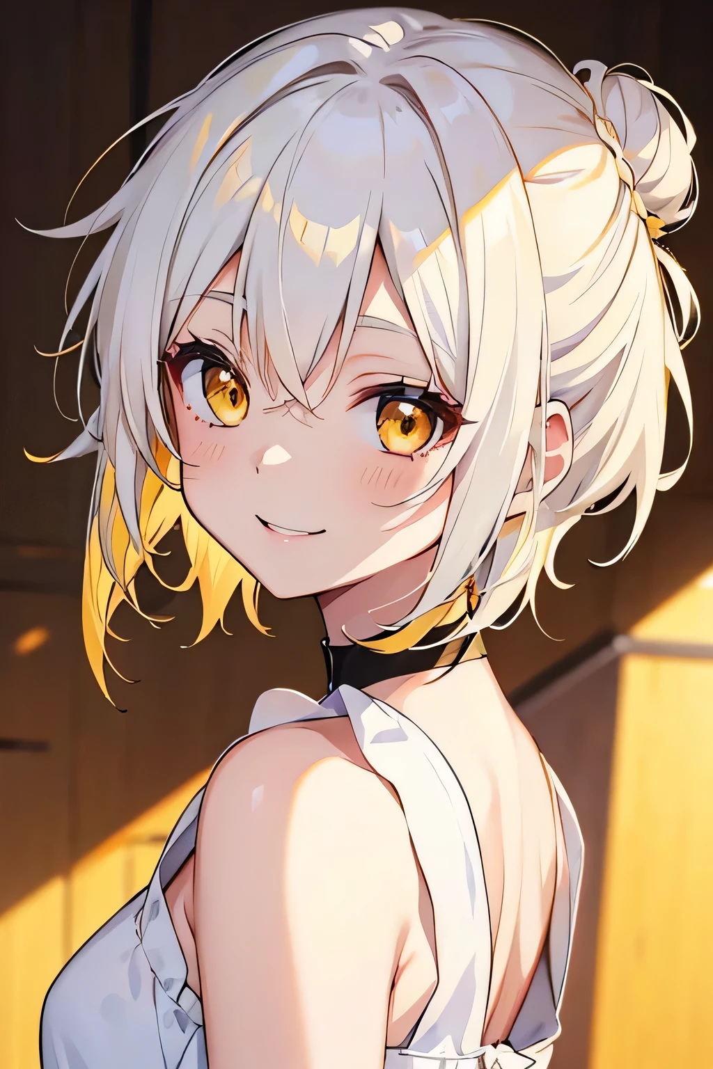 lolli, cute anime lolli, smiling, white hair and yellow hair , hair in a bun, short hair, messy hair, golden eyes
