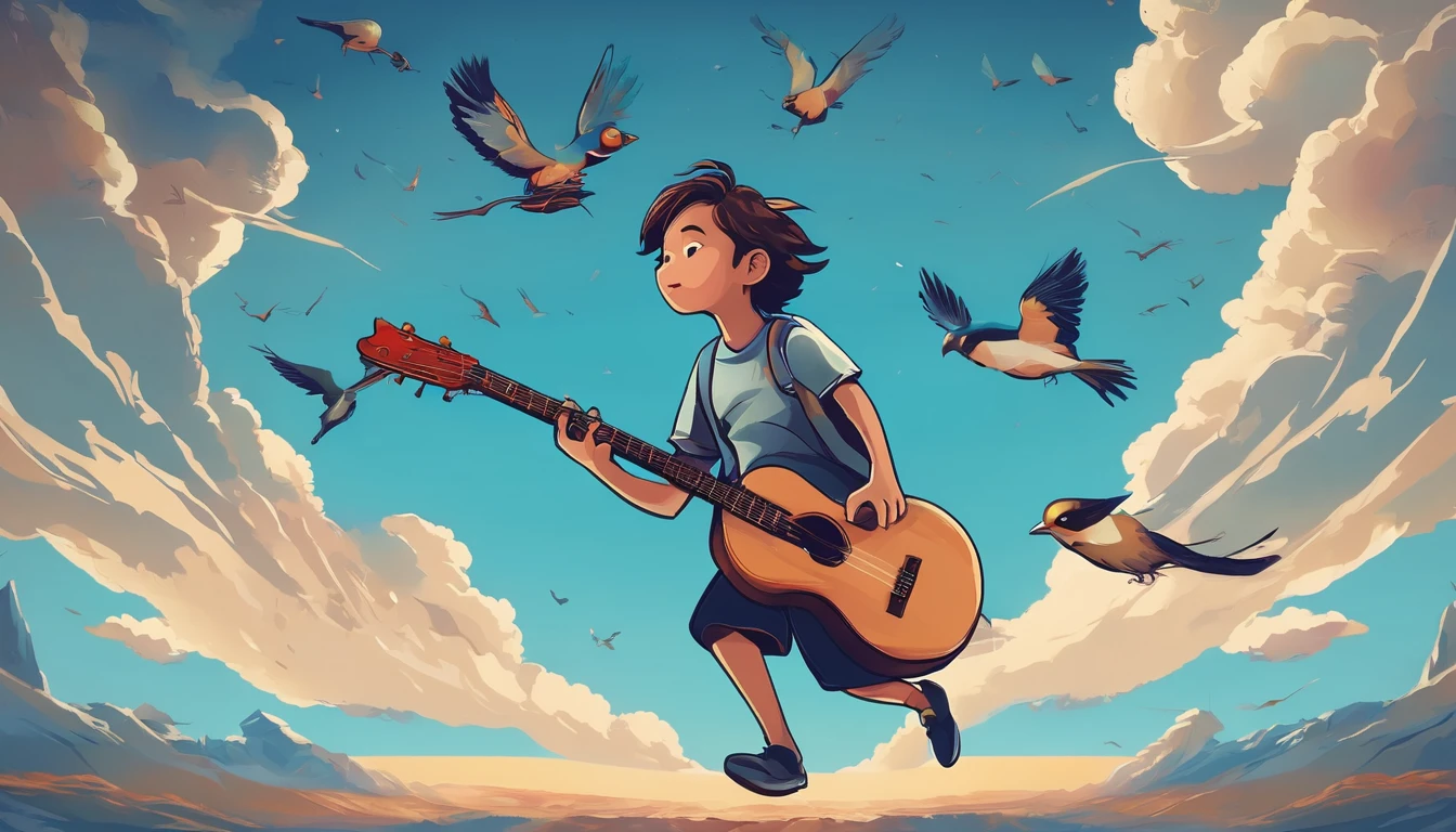 Create a professional, fantastic, cinematic Youtube Banner for a brand about music and stories called " Penamemoria". Masterpiece, 4k, sharp focus, highest quality,wide shot. The title is " Penamemoria". Is a brand about the creative, unique journey of a boy into becoming a musician storyteller. In his journey he finds inspiration in a world of birds and feathers. Minimalistic, simple, poetic, dreamy logotype at the center of the image. The Background image is a world full of fantastic feathers, unique birds, light blue sky, and a boy running happily into the horizon with an acoustic guitar in his right hand. Boy running against the wind, almost simulating like he is flying