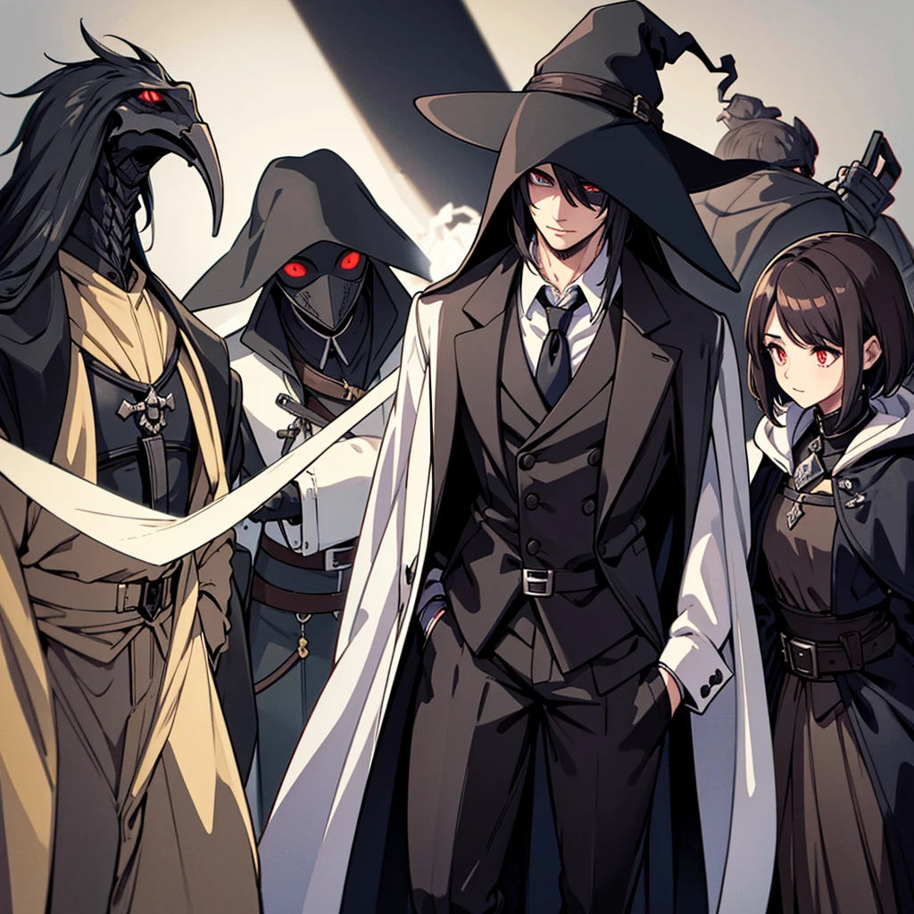 Put your hands in your pockets, Hair stands on end, Final Fantasy, Plague doctor,Young Man, Fantasy, good looking ,Talk a lot, middle ages, Short Hair, white jacket Plague doctor,Portraiture、Glowing Eyes