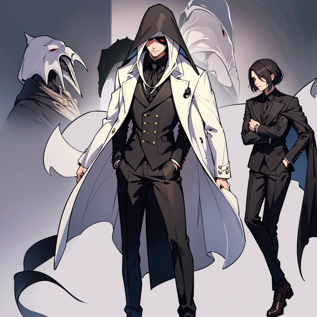 Put your hands in your pockets, Hair stands on end, Final Fantasy, Plague doctor,Young Man, Fantasy, good looking ,Talk a lot, middle ages, Short Hair, white jacket Plague doctor,Portraiture、Glowing Eyes