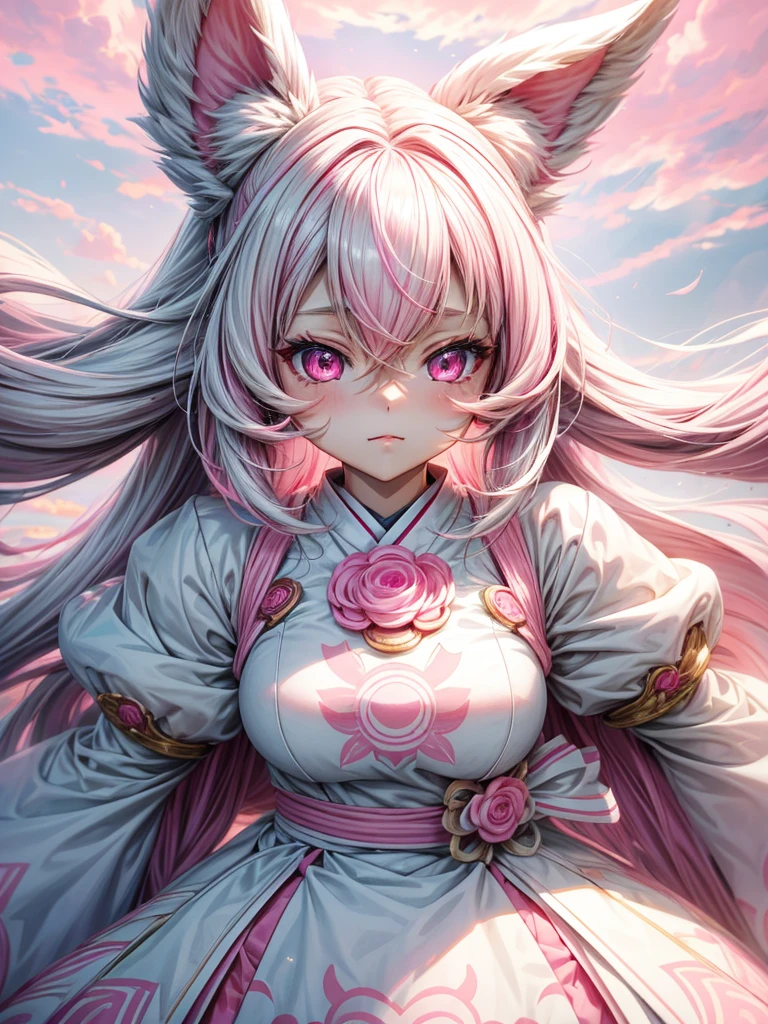anime style, 18 years old female, long white hair with pink tips, bunny ears, cute face, bright skin, pink eyes, white aesthetic japanese clothes, fluffy cloudy background, high detailed, playful patterns, lively texture, unique visual effect