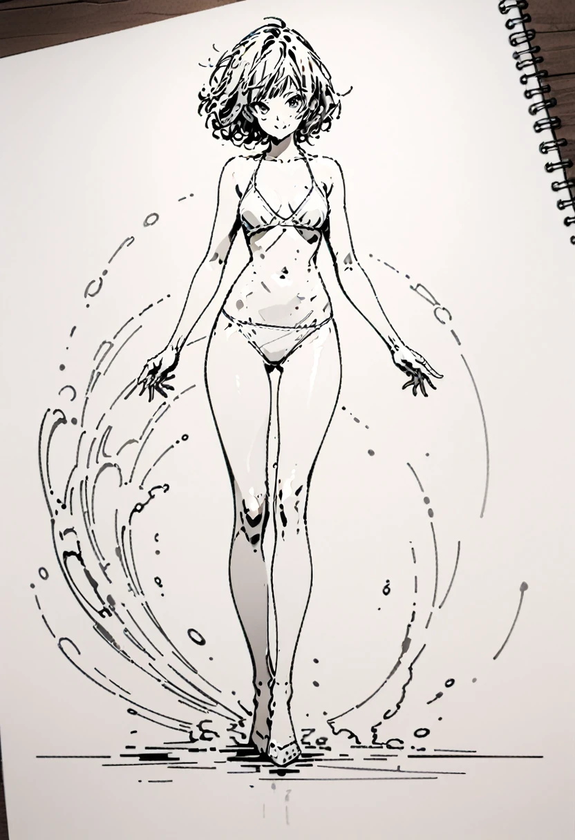 ((whole body)), standing, arched back, Line art，Comics Line art，Black and white Line art，Black and White，perfect anatomy, 1girl, fullbody, long legged women, short hair，Chi Bangs，White bikini, smile，Clear and smooth lines，8k，masterpiece