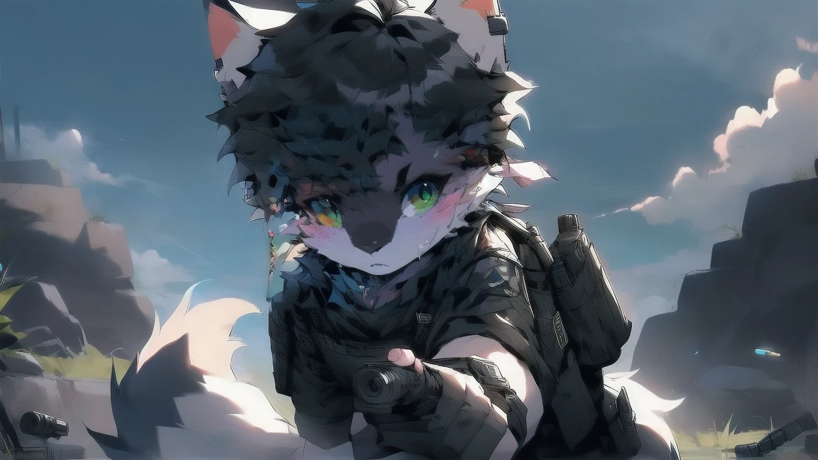 White wolf, male, teenager, black hair, sky blue eyes, wolf ears, wolf tail, furry, black bulletproof vest, black combat suit, bullet hook, special forces, Glock pistol, tactical goggles, light combat, tactical goggles, aiming, confident, assault team, combat