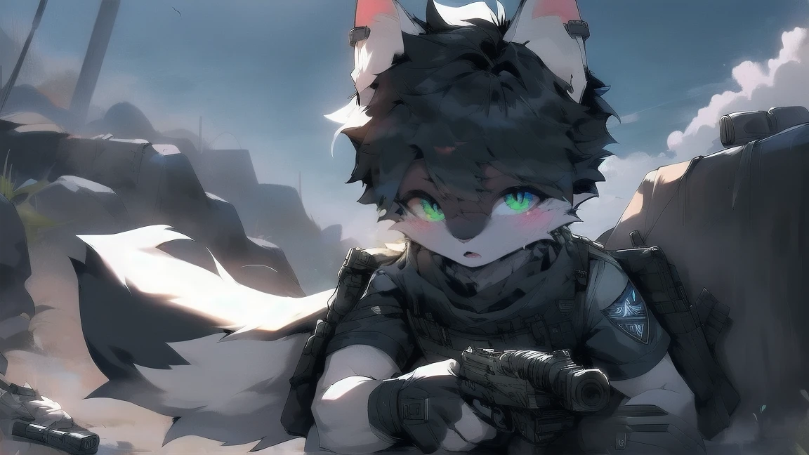White wolf, male, teenager, black hair, sky blue eyes, wolf ears, wolf tail, furry, black bulletproof vest, black combat suit, bullet hook, special forces, Glock pistol, tactical goggles, light combat, tactical goggles, aiming, confident, assault team, combat