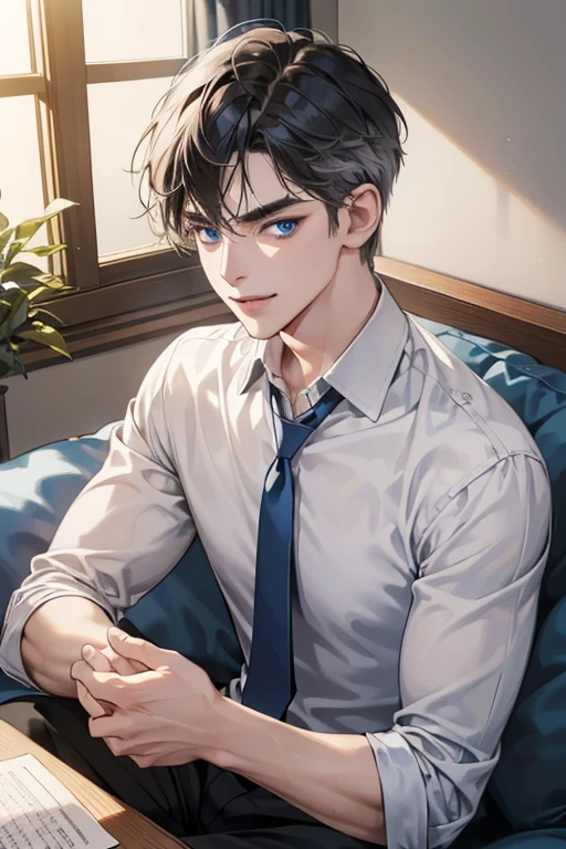 (masutepiece, Digital Art, Digital Illustration, 4K, 8K, Ultra-detailed, beautiful image, Sharp Image, Photorealistic, Raw photo, Perfect face, Perfect lines, Perfect eyes, Soft lighting) 1 male human, (a grey,Blue  eyes,hair between eye,hair messy,short-hair,deadpan,Goofy face,Parallel eyebrows,Narrow-eyed,kindly smile,ember,28 years old:1.3),Handsome men, (ember,Business Shirt,neck tie,Thin macho,Firm shoulder width,Adult male:1.2),small plants,Sleepy face,Frantically opening your eyes,Loosen your tie,5 minutes before work,Living alone in a 1LDK,Hairstyle check,inside in room,Simple sofa,Double sofa