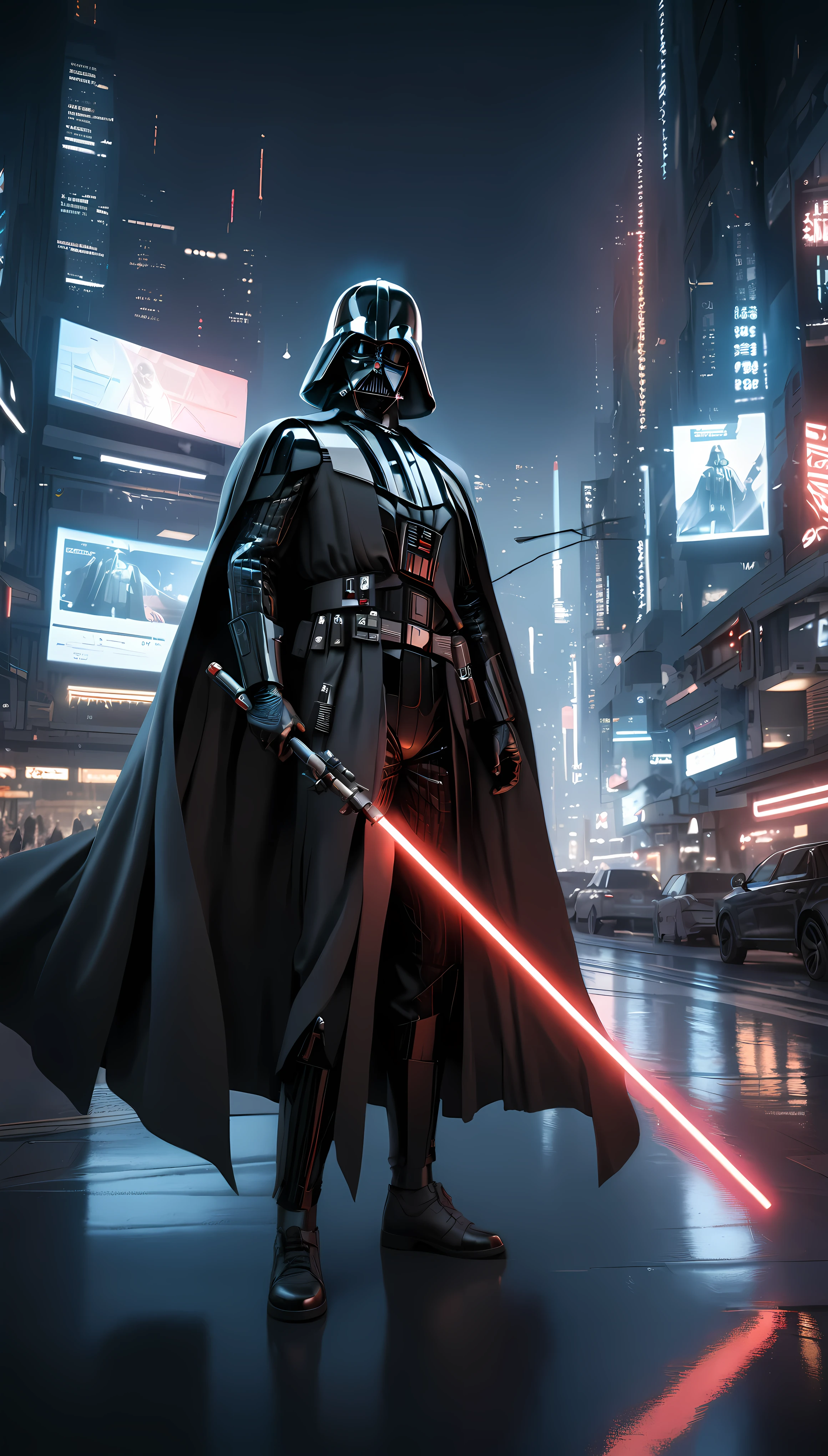 1boy,darth vader ,solo, Cyberpunk Style, (neon:1.2),masterpiece, intricate, highly detailed, majestic, digital photography, hdr, detailed cyberpunk background,bold eclectic styles, punk elements , holographic prints, metallic accents, man in Black_outfit,hood, hood_up, darth vader helmet,(cape:1.2),armor, shoulder armor, (denim:1.2), star wars, (night time),futuristic city,city street with neon signs and buildings on both sides of it at night time, holding  red light saber, broken arm, ,(photo, studio lighting, hard light, sony a7, 50 mm, matte skin, pores, colors, hyperdetailed, hyperrealistic),