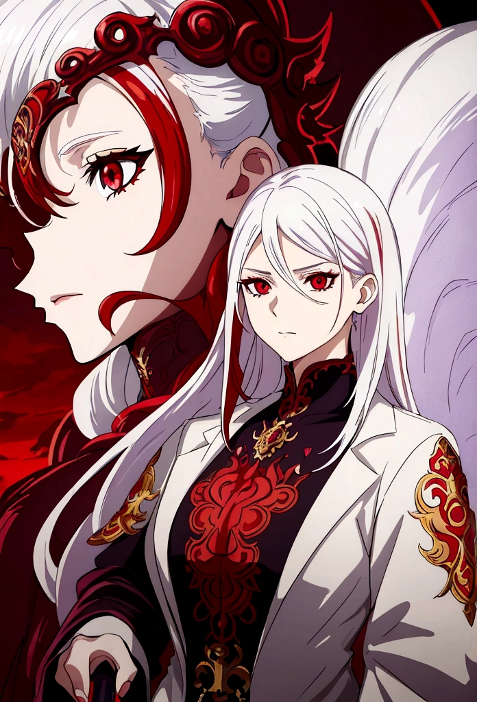 a woman with white hair and red streaks, neutral facial expression, detailed red eyes, holding a large ornate purple sword, detailed eyes, extremely detailed sword, cinematic dramatic lighting, fantasy, concept art
