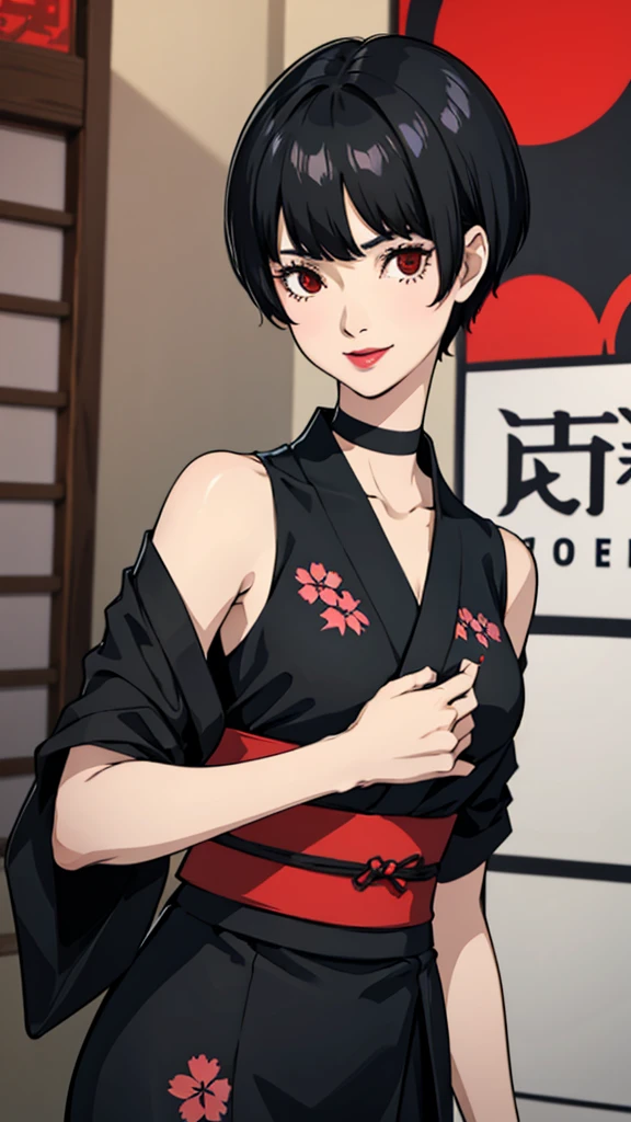 1girl, smile, red eyes, tomboy Pixie haircut, very Short hair, black hair, black choker, yukata, medium breast, lipstick, cowboy shot