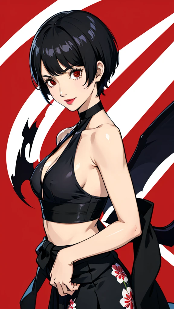 1girl, smile, red eyes, tomboy Pixie haircut, very Short hair, black hair, black choker, yukata, medium breast, lipstick, cowboy shot