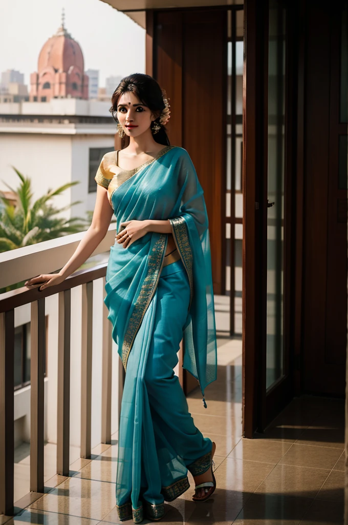 REALISTIC, MASTERPIECE, 25 year old girl wearing saree standing on balcony, photography posing, looking towards camera