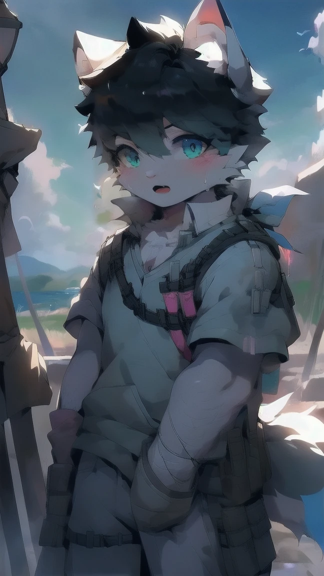 White Wolf,male,juvenile,black hair,hairy,Sky blue eyes,Wolf ears,Wolf Tail,resident Evil,Chemical protective clothing