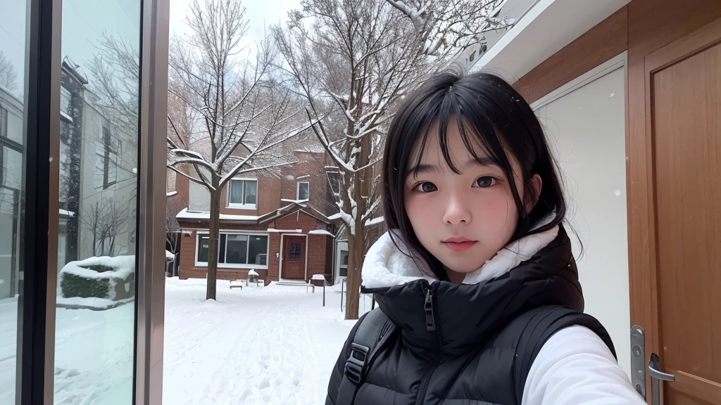 high resolution, alone, (20-year-old)), View your viewers, Upper Body, Deep neckline, ((Black Hair)), Winter clothing, The background is right next to the entrance of the building.,, The door is open, There is snow all around, It's snowing,