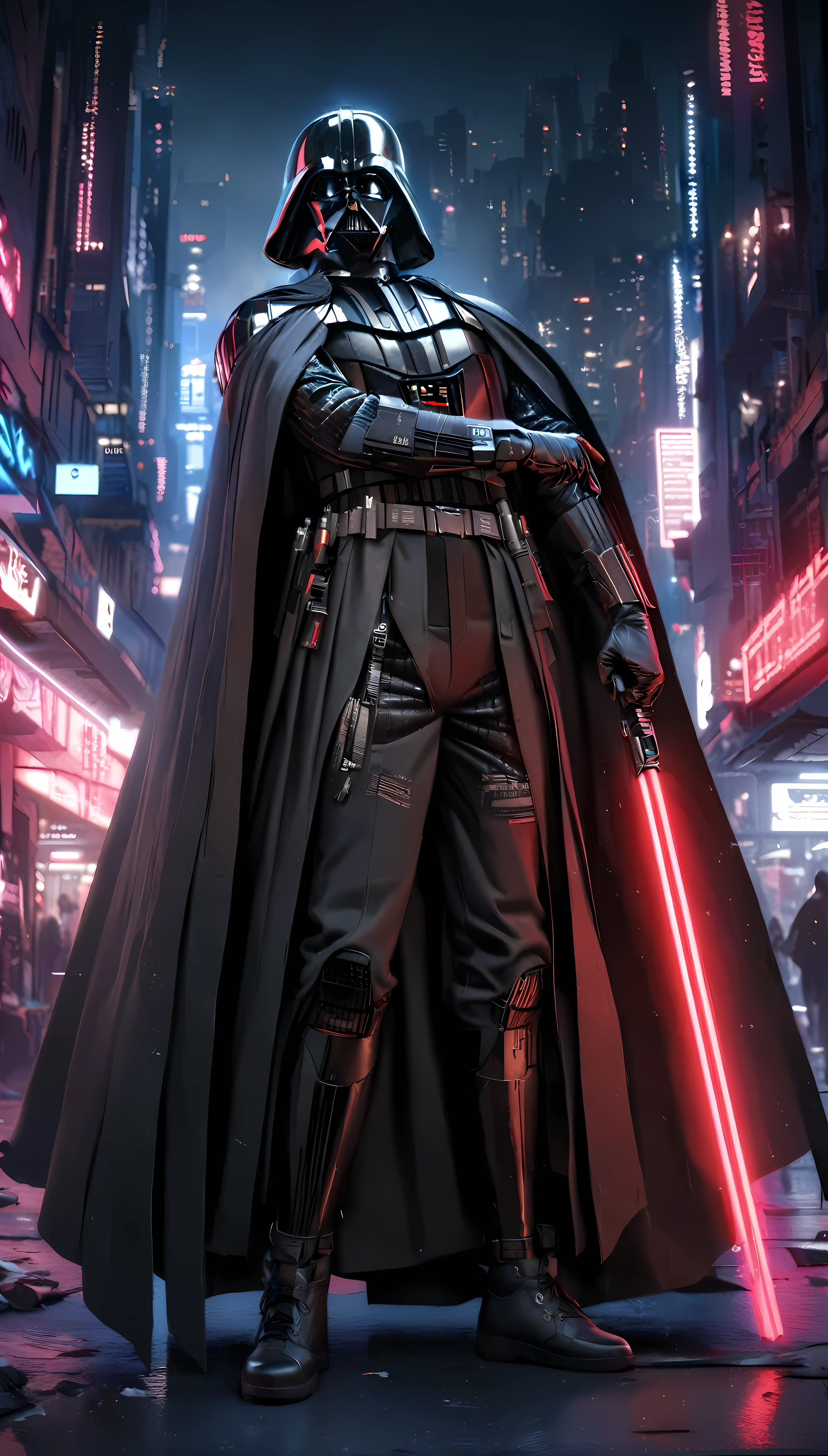 1boy,darth vader ,solo, Cyberpunk Style, (neon:1.2),masterpiece, intricate, highly detailed, majestic, digital photography, hdr, detailed cyberpunk background,bold eclectic styles, punk elements , holographic prints, metallic accents, man in Black_outfit,hood, hood_up, darth vader helmet,(cape:1.2),armor, shoulder armor, (denim:1.2), star wars, (night time),futuristic city,city street with neon signs and buildings on both sides of it at night time, holding  red light saber, broken arm, ,(photo, studio lighting, hard light, sony a7, 50 mm, matte skin, pores, colors, hyperdetailed, hyperrealistic),