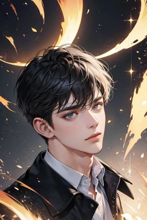 (best quality digital art digital illustration 4k high resolution beautiful image hyper-detailed image perfect lines soft lighting night environment smooth zoom perfect face) (1:1 photorealistic) (neutral colors hdr 1.4) an adult 25 year old man (thoughtful expression) very beautiful eyes deep black medium black hair modern clothes black (dark background)