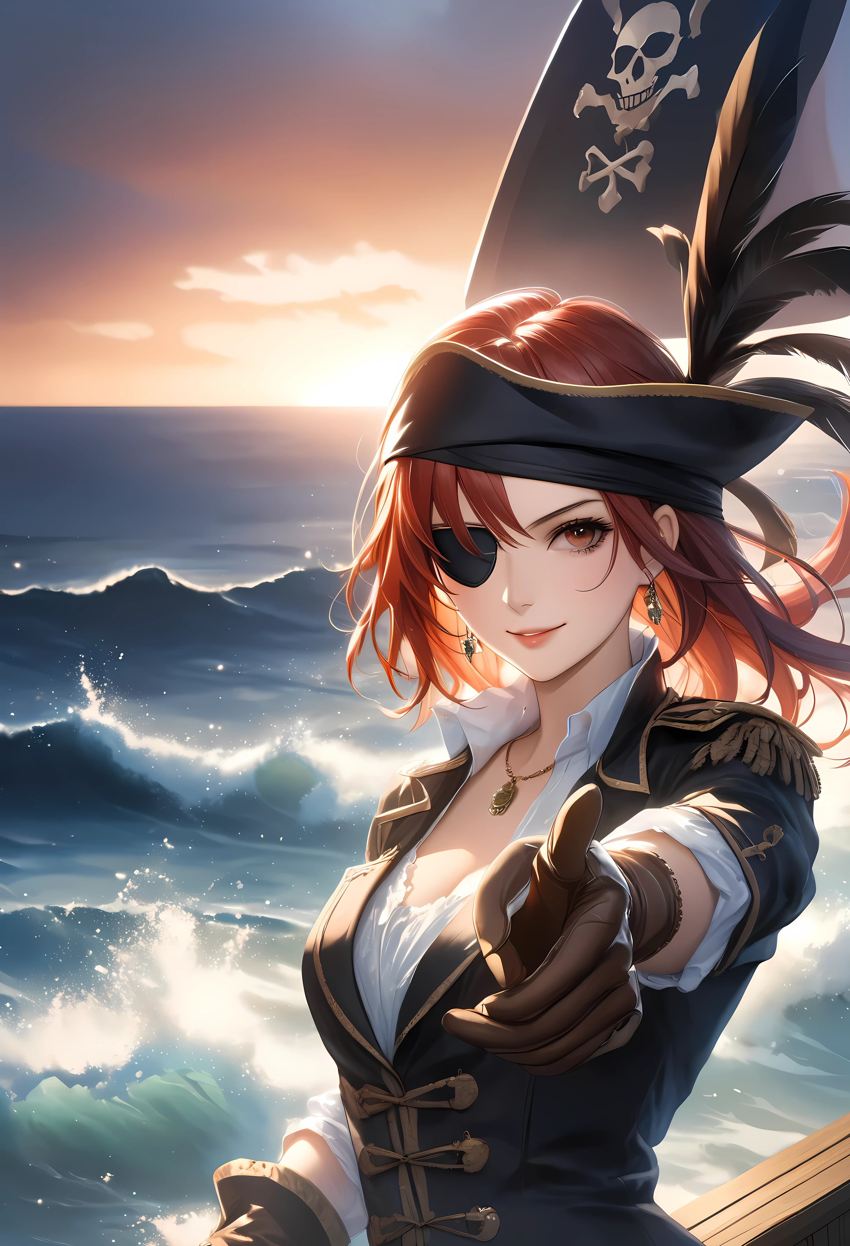 (Masterpiece in maximum 16K resolution:1.6), (intricate detail:1.4), (extremely insane detail:1.4),(highest quality:1.3),(Hyper_realistic:1.3). | ((Dark_color_tones):1.3),((upper body view of beautiful female pirate with red hair, an eye patch, detailed facial features, detailed clothing):1.3),((aeshthetic pirate ornaments, ship in the background, ocean waves, sunset sky, dramatic lighting):1.1), ((wide angle shot):1.2), Clear light, Edge lighting, Perfect image, 16k UE5,editorial painting, superfine, Depth of field, Ultra-realistic, no contrast, clean sharp focus, professional painting, No blurring. | (watercolor painting, dark color, sharp focus), ((Pretty Supermodel beauty):1.2), ((Red Hair):1.1), ((Pirate eye patch):1.1), ((fancy pirate hand gloves):1.3), kinetic expression, style painting magic. | ((She is smiling with evil intention):1.3),((perfect_pose):1.5), ((perfect_fingers, better_hands, perfect_hands, perfect_legs):0.7), (((More_Detail))). | Rendered in ultra-high definition with UHD and retina quality, this masterpiece ensures anatomical correctness and textured skin with super detail. With a focus on high quality and accuracy, this award-winning portrayal captures every nuance in stunning 16k resolution, immersing viewers in its lifelike depiction. Avoid extreme angles or exaggerated expressions to maintain realism. ((perfect_composition, perfect_design, perfect_layout, perfect_detail, ultra_detailed)), ((enhance_all, fix_everything)), More Detail, Enhance.