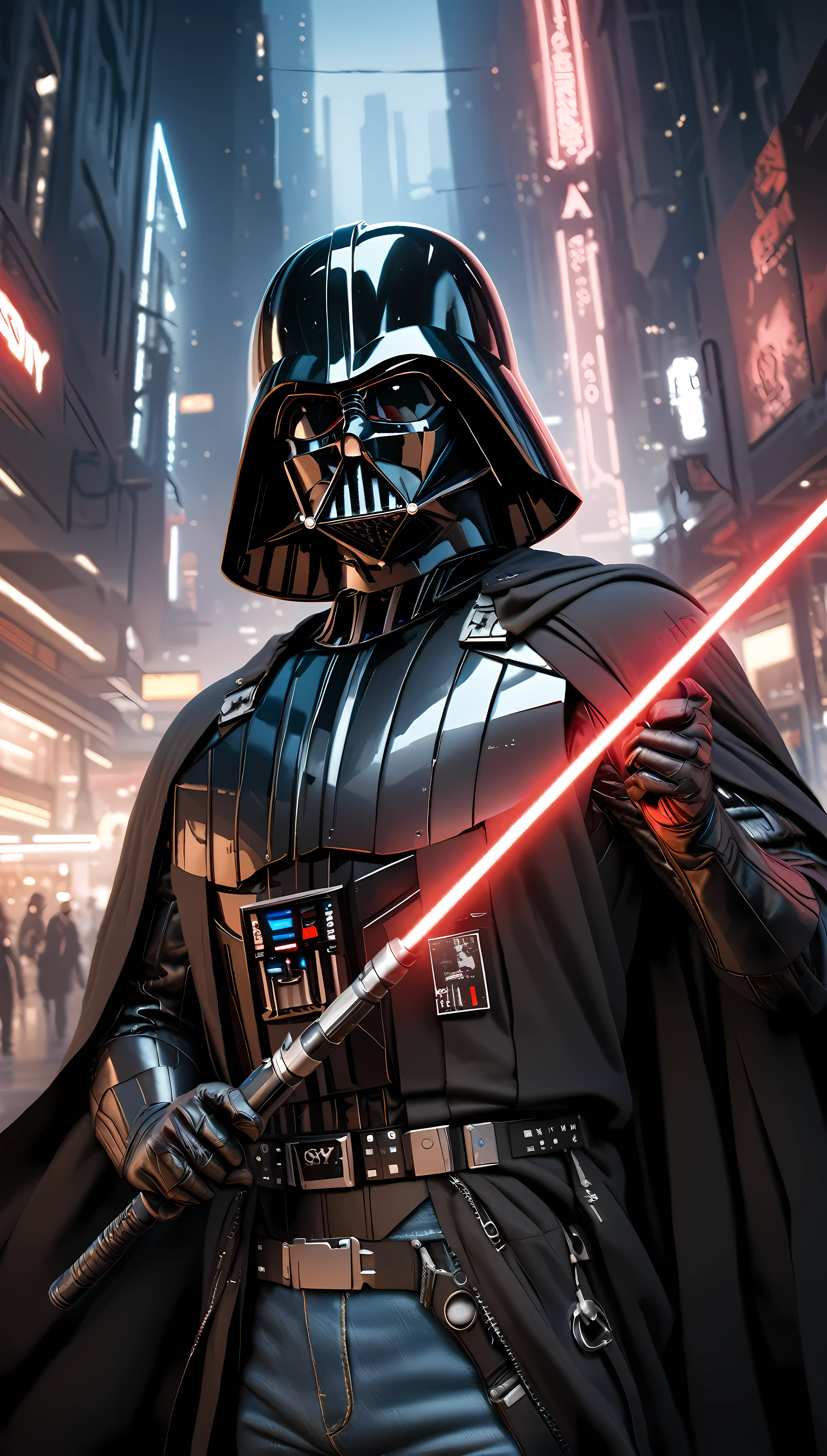 1boy,darth vader ,solo, Cyberpunk Style, (neon:1.2),masterpiece, intricate, highly detailed, majestic, digital photography, hdr, detailed cyberpunk background,bold eclectic styles, punk elements , holographic prints, metallic accents, man in Black_outfit,hood, hood_up, darth vader helmet,(cape:1.2),armor, shoulder armor, (denim:1.2), star wars, (night time),futuristic city,city street with neon signs and buildings on both sides of it at night time, holding  red light saber, broken arm, ,(photo, studio lighting, hard light, sony a7, 50 mm, matte skin, pores, colors, hyperdetailed, hyperrealistic),