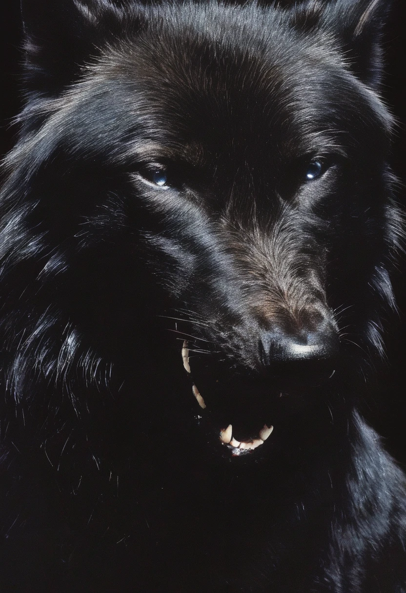 a black wolf with its mouth open and teeth wide open