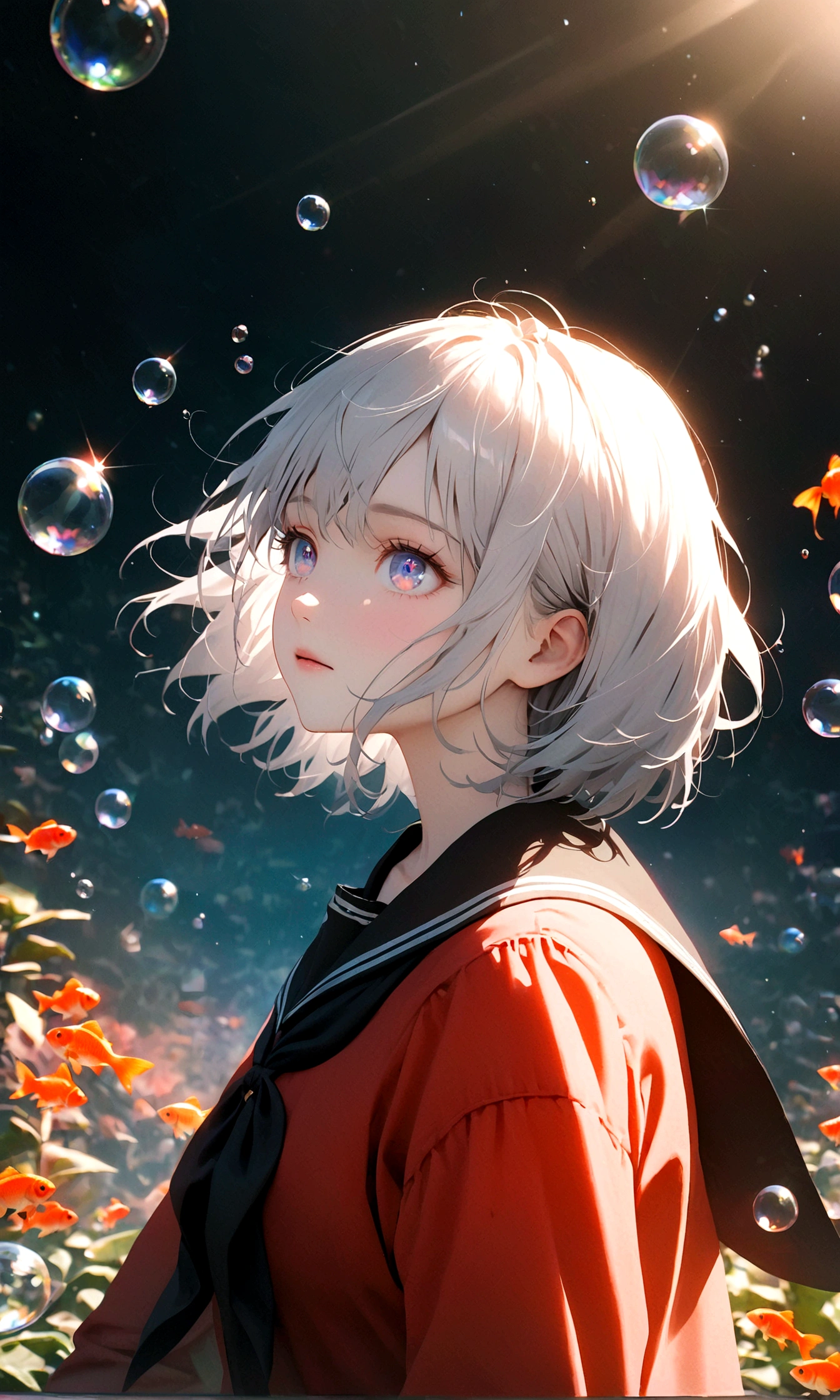 (woman\(student, , JK, short hair, Silver Hair, Floating Hair, Space-colored eyes, Black sailor suit\(Of high school\), Pale skin, Tired face, No shine in the eyes\) Looking up at the sky), (Many goldfish are swimming in the air), Beautiful sky, Beautiful Clouds, Colorful summer flowers are blooming everywhere., (Transparent bubbles shine like prisms here and there in the sky), The midday moon and the midday star shine in the sky, woman is at messy downtown, break ,quality\(8k,非常に精細なCGユニットのwallpaper, masterpiece,High resolution,top-quality,top-quality real texture skin,Surreal,Increase the resolution,RAW Photos,最高quality,Very detailed,wallpaper,Cinema Lighting,Ray-tracing,Golden Ratio\),(Long Shot),Wide Shot,