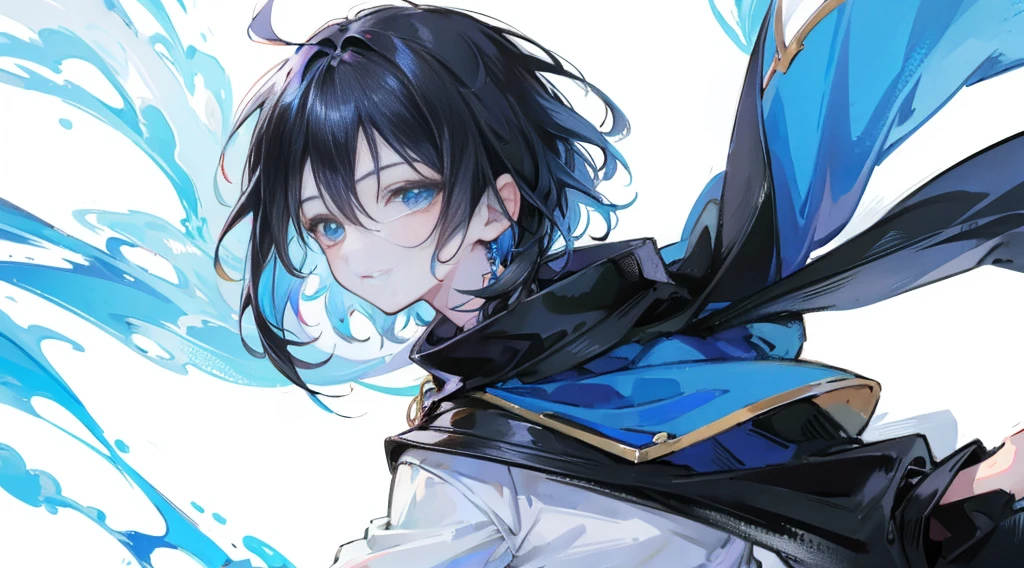 A little anime boy with blue eyes and black hair