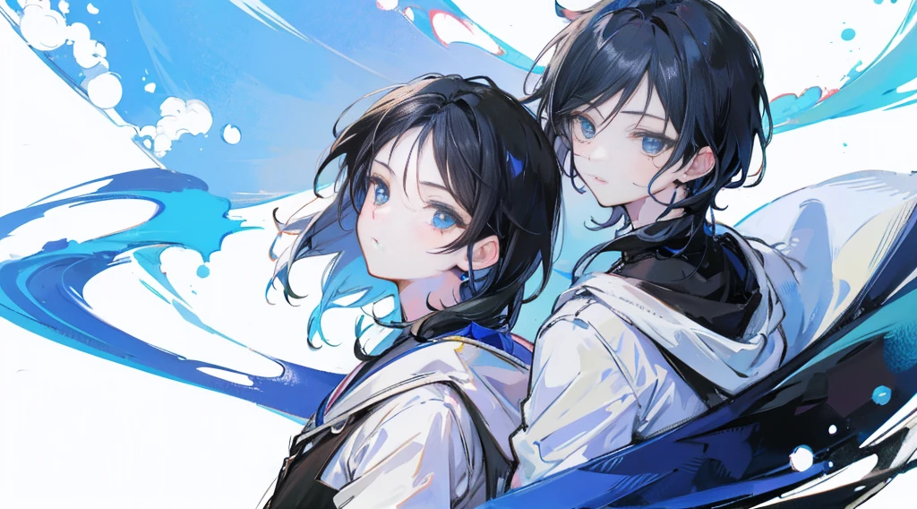 A little anime boy with blue eyes and black hair