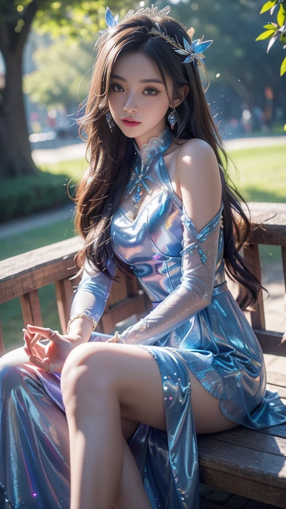 8K, UHD, MAsterpiece, best quality, 1 girl, (realistic face), happy pace, very long hair, small breasts, decorated dress, very beautiful ornaments dress, blue color, ((lace)), mesh dress, sardine, loops, in the park, depth of field, cinematic lighting, chromatic aberration, motion blur, glowing light, god rays, ray tracing, reflection light, backlighting, knee short,