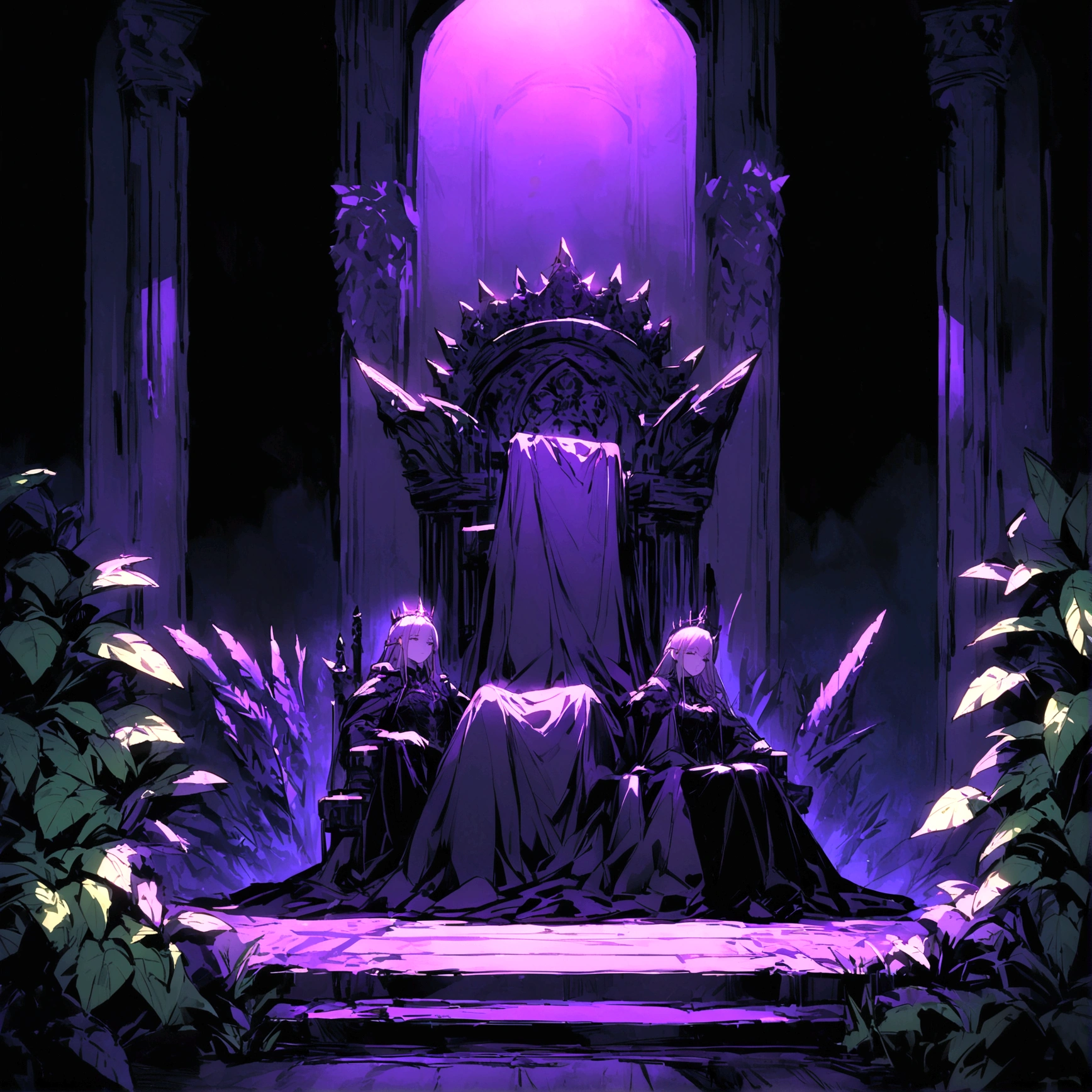 Royal Hall, Throne, Prickly plants, Dark Light, Vacant rooms, Dark composition, Black and purple throne, Throneの周りのPrickly plants, Throneのクローズアップ.Humanity sits on the throne，The robot surrenders under the throne