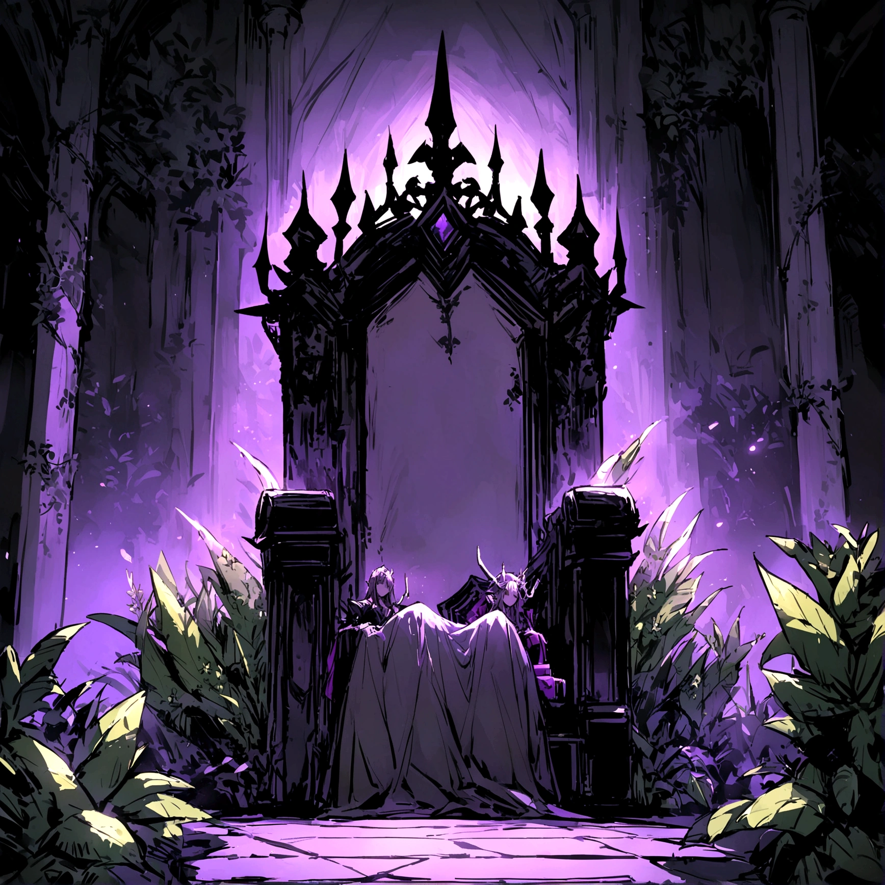 Royal Hall, Throne, Prickly plants, Dark Light, Vacant rooms, Dark composition, Black and purple throne, Throneの周りのPrickly plants, Throneのクローズアップ.Humanity sits on the throne,The robot surrenders under the throne