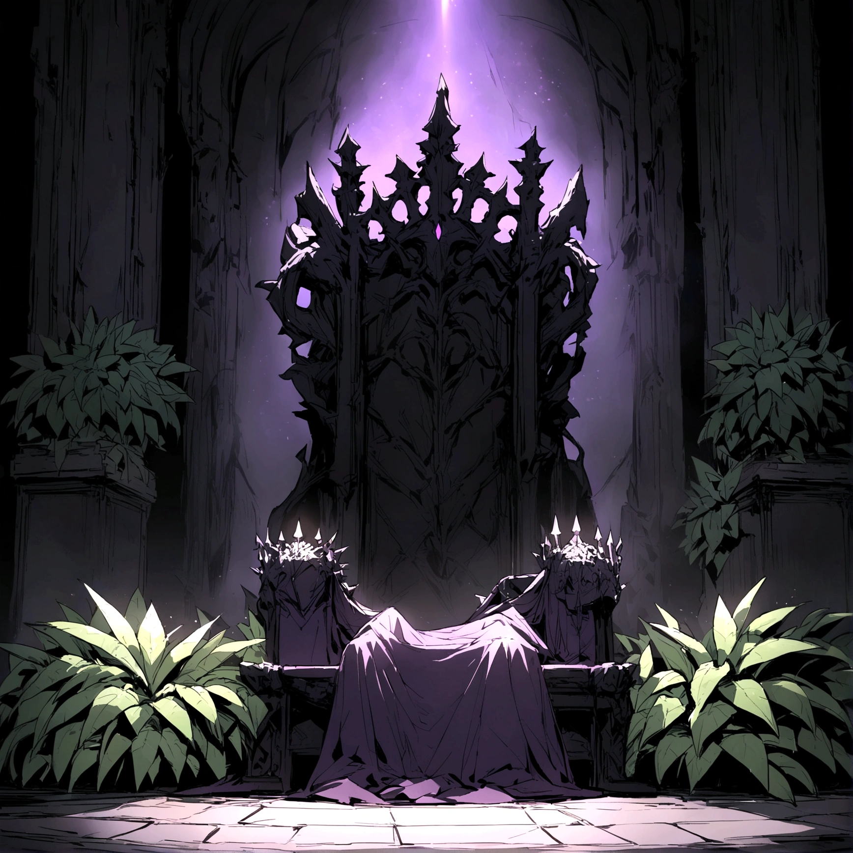 Royal Hall, Throne, Prickly plants, Dark Light, Vacant rooms, Dark composition, Black and purple throne, Throneの周りのPrickly plants, Throneのクローズアップ.Humanity sits on the throne,The robot surrenders under the throne