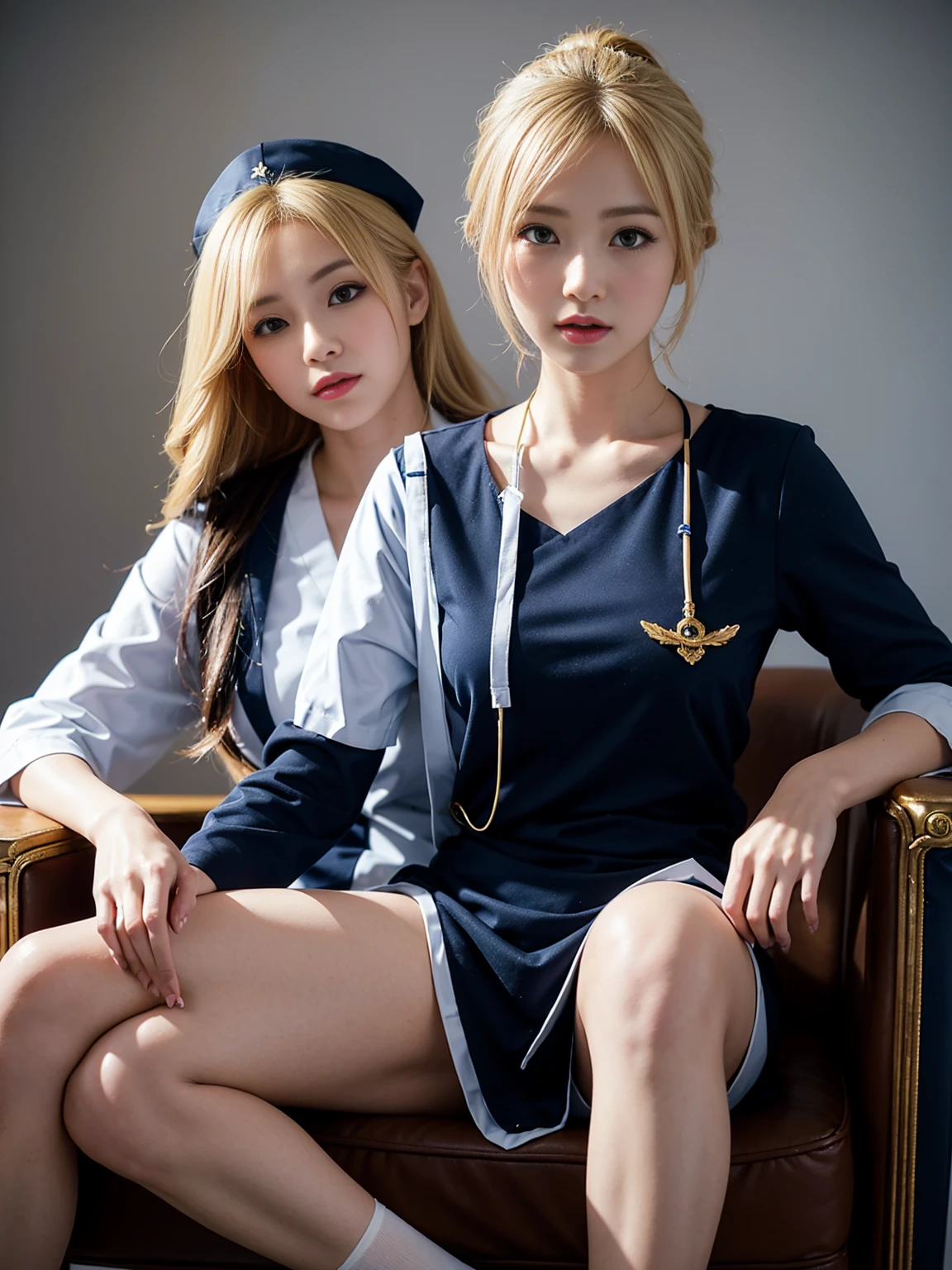 A blonde hair anime nurse girl, navy blue and white nurse outfit with golden decorations, wearing black stockings on legs, sitting on chair