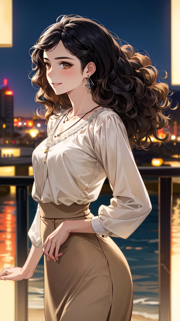 (masterpiece:1.3, Highest quality, Ultra-high resolution, Super detailed), (Realistic, photoRealistic:1.4), Beautiful illustrations, Perfect lighting, colorful, Depth of written boundary,
Beautiful detailed hair, Beautifully detailed face, Beautiful fine details, Beautiful clavicle, Beautiful body, 美しいLarge Breasts, Beautiful thighs, Beautiful feet, Beautiful fingers,
View Viewer、Front view:0.6, Beauty1人, Japanese, Beauty、30 years old, Perfect Face, (Perfect Anatomy, Anatomically correct), Cute and symmetrical face, Baby Face, , Shiny skin,
((Beige blouse:1.4)), ((burgundy long skirt 1.5))
(Black Hair, Medium Wavy Hair:1.4), Dark brown eyes, (Large Breasts), Slim body,
necklace, (Small earrings:1.3),
(Beautiful views), (night), (city, cityscape in the distance), Standing with good posture, A soft smile、(Smile, Lips parted),